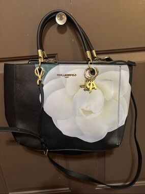 Karl Lagerfeld Black Tote with White Camellia Accent